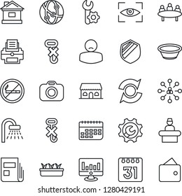 Thin Line Icon Set - no smoking vector, reception, shower, hierarchy, meeting, statistic monitor, house, seedling, patient, term, hook, shield, camera, network, calendar, root setup, update, news