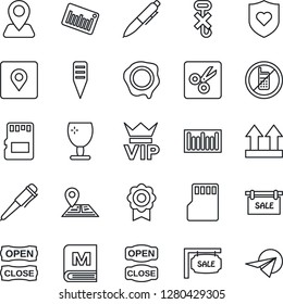 Thin Line Icon Set - no mobile vector, vip, pen, stamp, plant label, heart shield, navigation, fragile, up side sign, hook, barcode, sd, cut, place tag, sertificate, sale, menu, open close