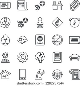 Thin Line Icon Set - no laptop vector, waiting area, ticket, passport, stamp, gear, tree, plane, client, clipboard, news, mobile, alarm, paper clip, manager desk, lamp, sun panel, wireless, schedule