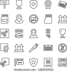 Thin Line Icon Set - no mobile vector, laptop, plant label, heart shield, pin, fragile, up side sign, hook, barcode, sd, cut, sertificate, pen, sale, menu, open close