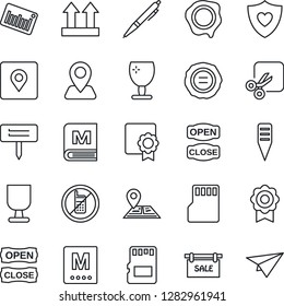 Thin Line Icon Set - no mobile vector, stamp, plant label, heart shield, navigation, fragile, up side sign, barcode, sd, cut, place tag, sertificate, pen, sale, menu, open close, paper plane
