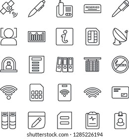 Thin Line Icon Set - no smoking vector, reception, flight table, book, pen, document, pulse clipboard, barcode, satellite antenna, radio phone, mail, sim, notes, wireless, face id, paper binder