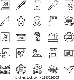 Thin Line Icon Set - no mobile vector, laptop, vip, pen, navigation, fragile, up side sign, hook, barcode, sd, cut, place tag, sertificate, sale, menu, open close, paper plane