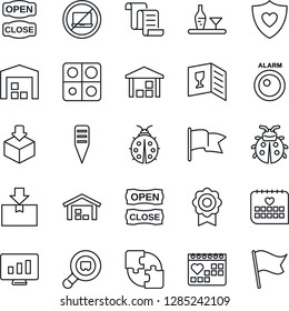 Thin Line Icon Set - no laptop vector, contract, statistic monitor, lady bug, plant label, heart shield, medical calendar, warehouse, package, search cargo, application, sertificate, alcohol, flag