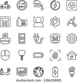 Thin Line Icon Set - no laptop vector, gear, mouse, printer, implant, earth, office phone, 24 hours, route, satellite, gamepad, settings, calculator, face id, battery, charge, monitor statistics