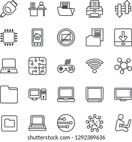 Thin Line Icon Set - no laptop vector, notebook pc, virus, gamepad, tv, monitor, share, hdmi, network, folder, data exchange, download, wireless, document, manager desk, printer, chip, man with