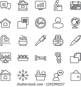 Thin Line Icon Set - no smoking vector, baby room, globe, bed, shower, hierarchy, pen, manager place, statistic monitor, house, seedling, patient, term, folder document, hook, dialog, speaker