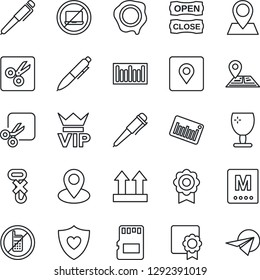 Thin Line Icon Set - no mobile vector, laptop, vip, pen, stamp, heart shield, navigation, pin, fragile, up side sign, hook, barcode, sd, cut, place tag, sertificate, menu, open close, paper plane