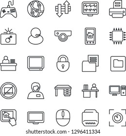 Thin Line Icon Set - no laptop vector, bomb in case, lock, mouse, desk, printer, monitor pulse, support, folder document, gamepad, tv, network, hdmi, data exchange, manager, chip, web camera, pc