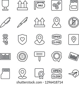Thin Line Icon Set - no mobile vector, pen, stamp, plant label, heart shield, navigation, pin, fragile, up side sign, hook, barcode, sd, cut, place tag, sertificate, sale, open close, paper plane