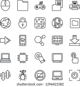 Thin Line Icon Set - no laptop vector, right arrow, lock, mouse, monitor pulse, virus, gamepad, tv, network, touch screen, pc, share, folder, data exchange, download, document, printer, notebook
