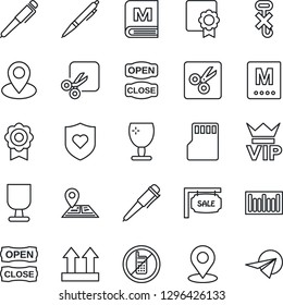 Thin Line Icon Set - no mobile vector, vip, pen, heart shield, navigation, pin, fragile, up side sign, hook, barcode, sd, cut, place tag, sertificate, sale, menu, open close, paper plane