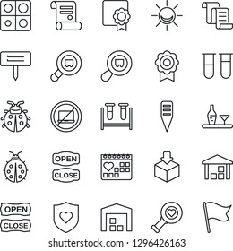 Thin Line Icon Set - no laptop vector, contract, lady bug, plant label, blood test vial, heart diagnostic, shield, medical calendar, warehouse, package, search cargo, application, sertificate, flag