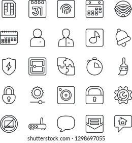 Thin Line Icon Set - no laptop vector, term, message, mobile camera, protect, themes, user, stopwatch, bell, mail, scanner, sim, calendar, brightness, lock, fingerprint id, music, application, home