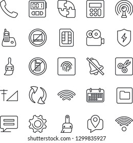 Thin Line Icon Set - no mobile vector, laptop, tracking, term, antenna, radio phone, call, message, update, protect, settings, themes, calculator, stopwatch, sim, folder, wireless, mute, cut, video