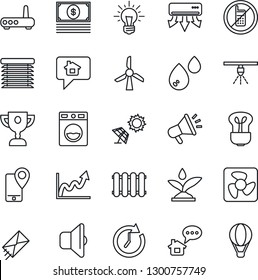 Thin Line Icon Set - no mobile vector, tracking, fan, irrigation, router, air conditioner, water, washer, radiator, bulb, sound, jalousie, sun panel, windmill, sprinkler, home message, clock, idea