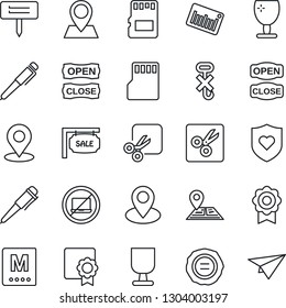 Thin Line Icon Set - no laptop vector, pen, stamp, plant label, heart shield, navigation, pin, fragile, hook, barcode, sd, cut, place tag, sertificate, sale, menu, open close, paper plane
