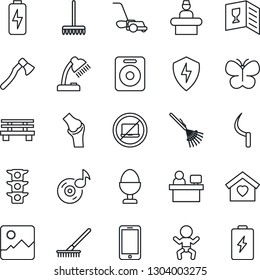 Thin Line Icon Set - no laptop vector, baby, reception, mobile phone, manager place, rake, lawn mower, butterfly, sickle, axe, bench, joint, traffic light, speaker, gallery, protect, music, charge