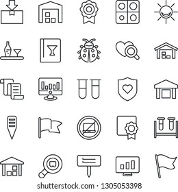 Thin Line Icon Set - no laptop vector, contract, statistic monitor, lady bug, plant label, blood test vial, heart diagnostic, shield, warehouse, package, search cargo, application, sertificate, flag