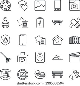 Thin Line Icon Set - no laptop vector, rake, bench, picnic table, satellite, clapboard, reel, cell phone, speaker, favorites list, mobile, gallery, photo, stamp, mountains, fence, children room