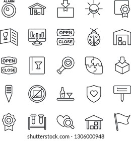 Thin Line Icon Set - no laptop vector, statistic monitor, lady bug, plant label, blood test vial, heart diagnostic, shield, warehouse, package, application, sertificate, alcohol, wine card, flag