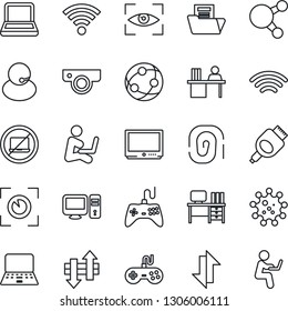 Thin Line Icon Set - no laptop vector, desk, notebook pc, virus, support, gamepad, tv, network, share, hdmi, data exchange, wireless, document folder, manager, web camera, eye scan, fingerprint