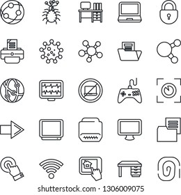 Thin Line Icon Set - no laptop vector, right arrow, lock, desk, printer, monitor pulse, virus, folder document, gamepad, tv, network, touch screen, pc, share, hdmi, wireless, home control app
