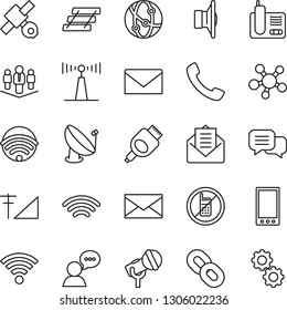Thin Line Icon Set - no mobile vector, mail, satellite, antenna, microphone, speaker, network, dialog, radio phone, share, chain, hdmi, call, wireless, cellular signal, paper tray, company, gear