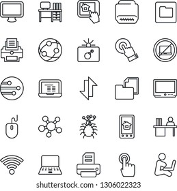 Thin Line Icon Set - no laptop vector, bomb in case, mouse, desk, notebook pc, printer, virus, folder document, tv, network, touch screen, monitor, share, hdmi, data exchange, wireless, manager