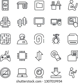 Thin Line Icon Set - no laptop vector, desk, notebook pc, virus, support, gamepad, touch screen, monitor, hdmi, folder, data exchange, download, document, manager, printer, chip, web camera