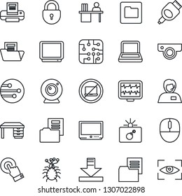 Thin Line Icon Set - no laptop vector, bomb in case, lock, mouse, desk, monitor pulse, virus, support, folder document, tv, touch screen, hdmi, network, download, manager, printer, notebook pc, chip