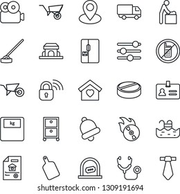 Thin Line Icon Set - no mobile vector, baby room, ticket office, identity, wheelbarrow, hoe, stethoscope, scales, pills, pin, car delivery, flame disk, tuning, bell, video, archive box, pool, fridge