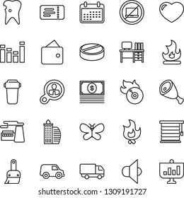Thin Line Icon Set - no laptop vector, ticket, desk, factory, butterfly, fire, pills, caries, car delivery, flame disk, speaker, equalizer, heart, themes, office building, ham, water filter, wallet