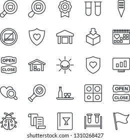 Thin Line Icon Set - no laptop vector, contract, statistic monitor, lady bug, plant label, blood test vial, heart diagnostic, shield, medical calendar, warehouse, package, search cargo, application