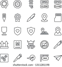 Thin Line Icon Set - no laptop vector, vip, pen, stamp, plant label, heart shield, navigation, fragile, up side sign, hook, sd, cut, place tag, sertificate, sale, menu, open close, paper plane