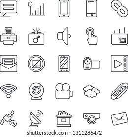 Thin Line Icon Set - no laptop vector, bomb in case, clouds, mobile phone, printer, house, satellite antenna, video camera, cell, touch screen, chain, message, mail, wireless, cellular signal, web