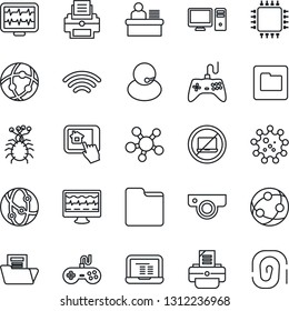 Thin Line Icon Set - no laptop vector, notebook pc, printer, monitor pulse, virus, support, gamepad, network, share, folder, wireless, document, manager desk, chip, web camera, home control app