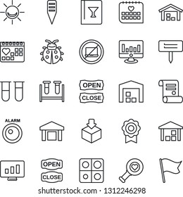 Thin Line Icon Set - no laptop vector, statistic monitor, contract, lady bug, plant label, blood test vial, heart diagnostic, medical calendar, warehouse, package, application, sertificate, flag