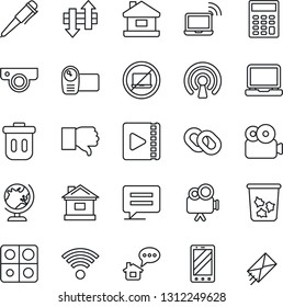 Thin Line Icon Set - no laptop vector, trash bin, wireless notebook, globe, mobile phone, pen, house, video camera, pc, chain, finger down, message, data exchange, application, calculator, web, home