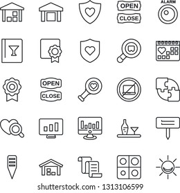 Thin Line Icon Set - no laptop vector, contract, statistic monitor, plant label, heart diagnostic, shield, medical calendar, warehouse, search cargo, application, sertificate, alcohol, wine card