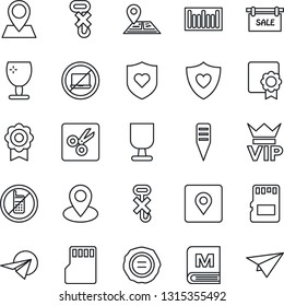 Thin Line Icon Set - no mobile vector, laptop, vip, stamp, plant label, heart shield, navigation, pin, fragile, hook, barcode, sd, cut, place tag, sertificate, sale, menu, paper plane