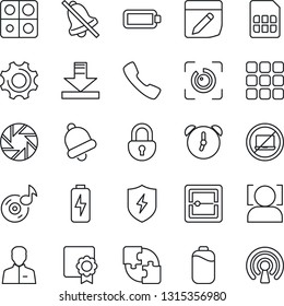 Thin Line Icon Set - No Laptop Vector, Call, Menu, Mobile Camera, Protect, Settings, User, Alarm, Bell, Scanner, Sim, Notes, Download, Mute, Lock, Face Id, Eye, Music, Battery, Charge, Application