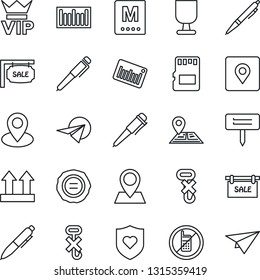 Thin Line Icon Set - no mobile vector, vip, pen, stamp, plant label, heart shield, navigation, pin, fragile, up side sign, hook, barcode, sd, place tag, sale, menu, paper plane