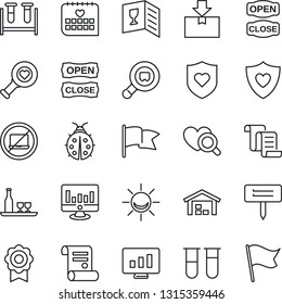 Thin Line Icon Set - no laptop vector, contract, statistic monitor, lady bug, plant label, blood test vial, heart diagnostic, shield, medical calendar, package, search cargo, sertificate, warehouse