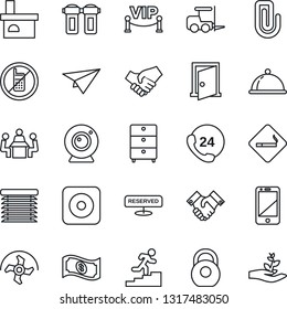 Thin Line Icon Set - no mobile vector, smoking place, fork loader, ripper, fireplace, 24 hours, heavy, archive chest, cell phone, rec button, paper clip, meeting, handshake, career ladder, dish