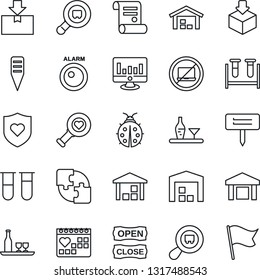 Thin Line Icon Set - no laptop vector, statistic monitor, contract, lady bug, plant label, blood test vial, heart diagnostic, shield, medical calendar, warehouse, package, search cargo, application