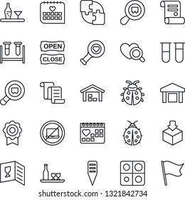 Thin Line Icon Set - no laptop vector, contract, lady bug, plant label, blood test vial, heart diagnostic, medical calendar, warehouse, package, search cargo, application, sertificate, alcohol, flag