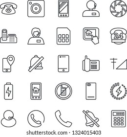 Thin Line Icon Set - no mobile vector, office phone, 24 hours, support, tracking, cell, back, call, camera, sim, mute, cellular signal, charge, home control app, combination lock