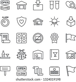 Thin Line Icon Set - no laptop vector, contract, lady bug, plant label, blood test vial, heart diagnostic, shield, medical calendar, warehouse, package, application, sertificate, alcohol, wine card