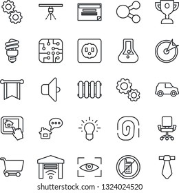 Thin Line Icon Set - no mobile vector, chip, socket, home control app, gear, radiator, energy saving bulb, sound, garage gate, eye scan, sprinkler, message, fingerprint, target, pennon, office chair